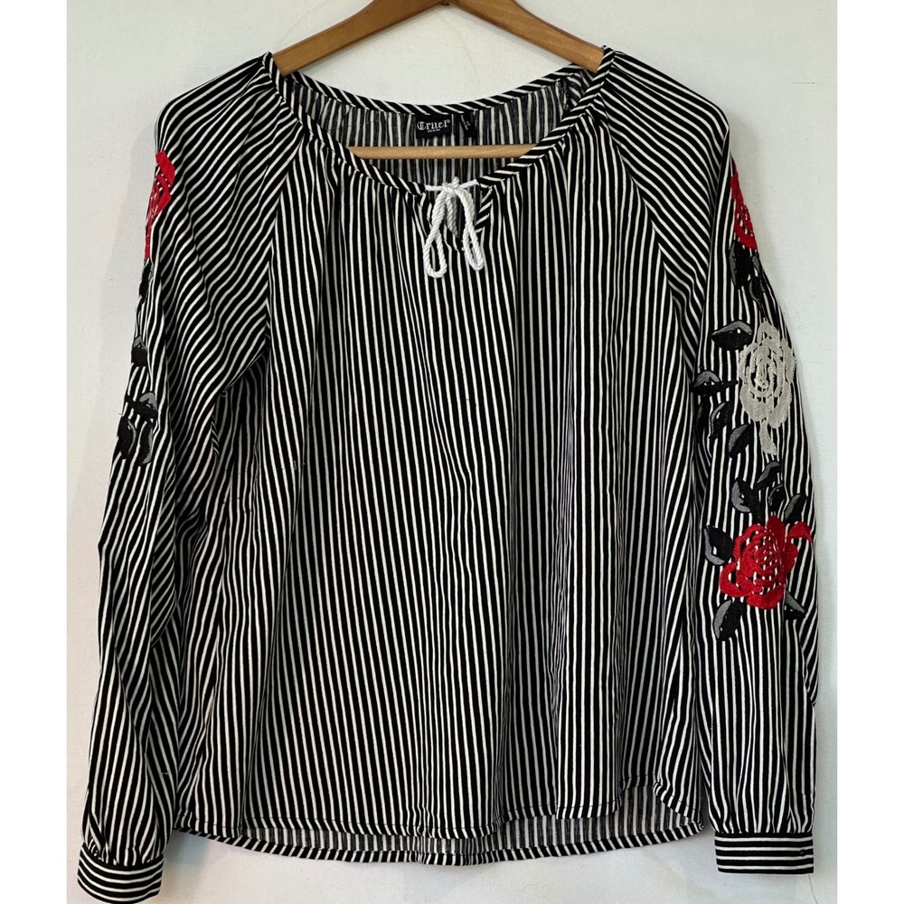 Cruel Denim Blouse Embroidered Stripe Roses Goth Women XS Black Classy